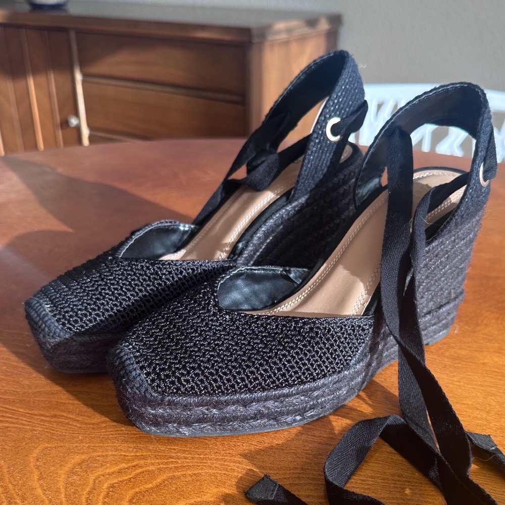 Zara Black Espadrille Wedge Sandals Lace Up Ankle Tie Woven Jute Heels 38 - Picture 2 of 7